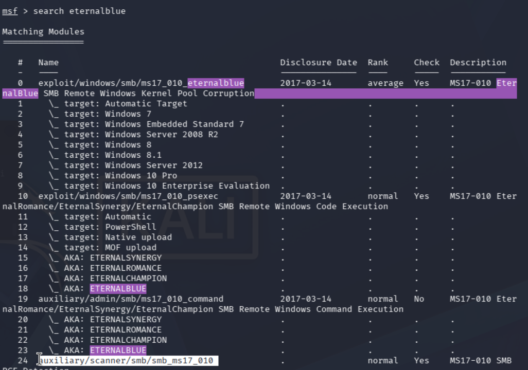 Búsqueda de eternalblue en Metasploit